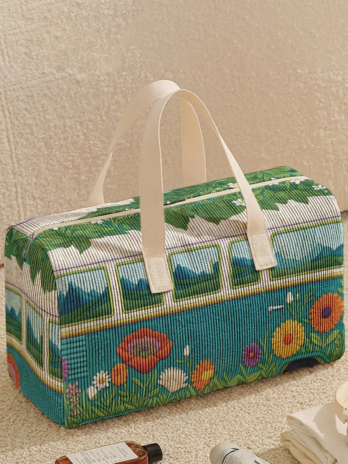 sac de voyage imprimé de bus floral rétro, deux styles, sac à main portable adapté aux voyages de week-end, aux sports et aux courses, 1 pièce