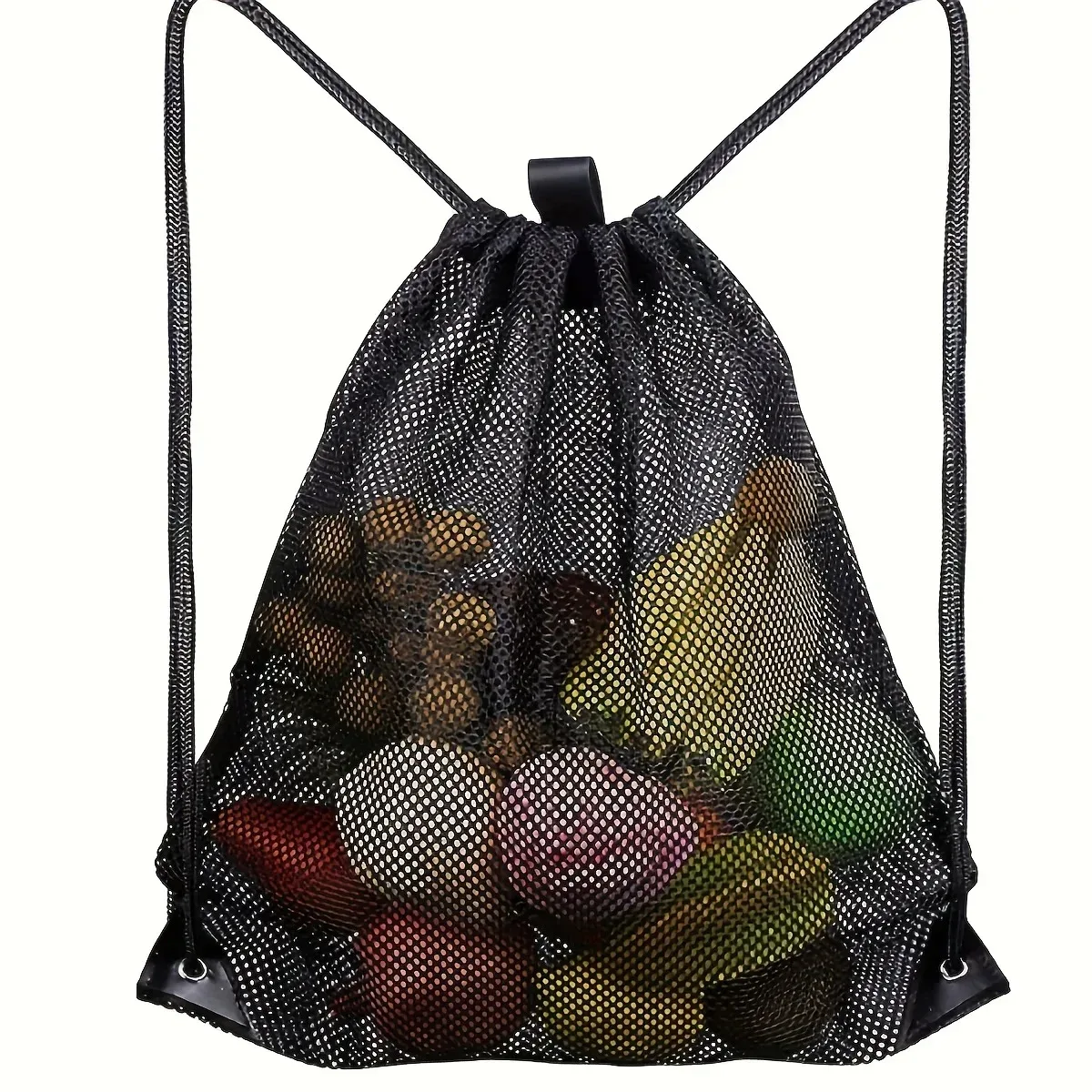 sac à cordon en maille noire avec coins renforcés, sac à dos léger en maille pour la plage, les courses, les jouets, la gym, les voyages et le rangement