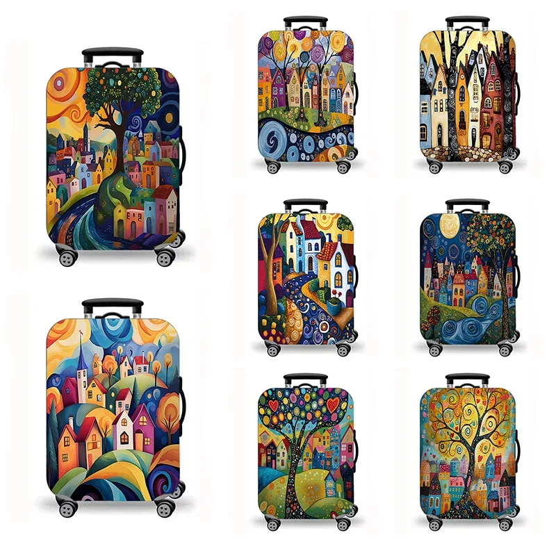 housse de bagage, housse de protection extensible pour valise avec imprimé artistique folklorique de ville de conte de fées colorée, housse de bagage de voyage lavable et anti-rayures