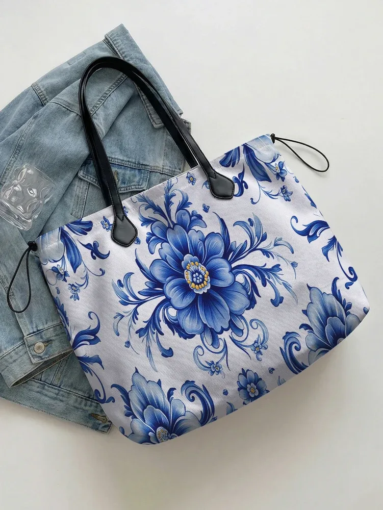 sac fourre-tout en toile à imprimé floral en porcelaine bleue et blanche, sac à bandoulière de grande capacité pour le shopping, les voyages et l'usage quotidien