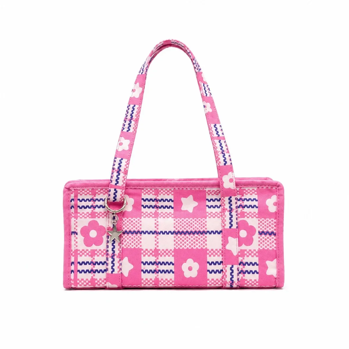 sac à main en nylon à carreaux au design unique, sac à bandoulière créatif avec broderie imprimée, sac sous le bras de grande capacité pour femmes
