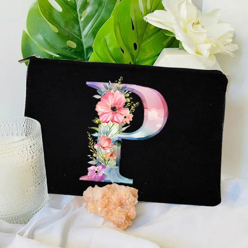 trousse toilette toile noire initiale fleurs maquillage femmes voyage sac cosmétiques intérieur uni poignée glissière