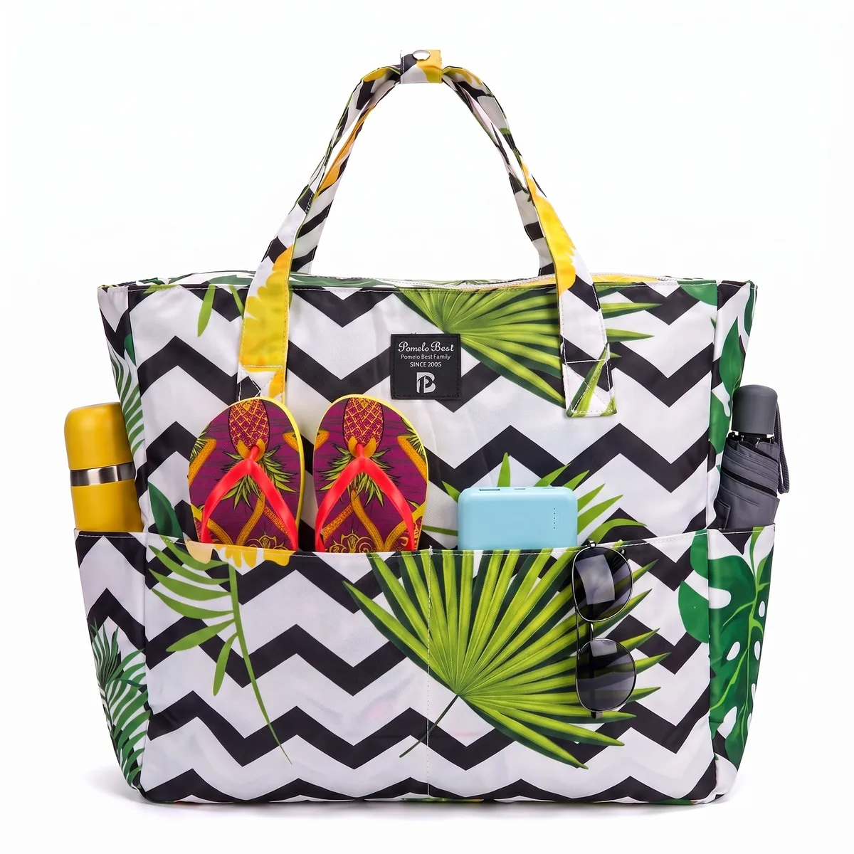 Pomlelo Best Tropical Wave Print Sac de plage grand format imperméable à plusieurs poches Sac à bandoulière de voyage