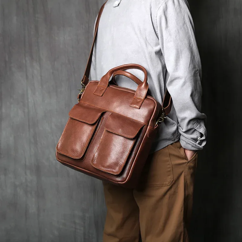 nzpj – sac à main rétro en cuir pour hommes, nouvelle couche supérieure verticale en peau de vache, sac messager à bandoulière simple, porte-documents d'ordinateur pour facteur