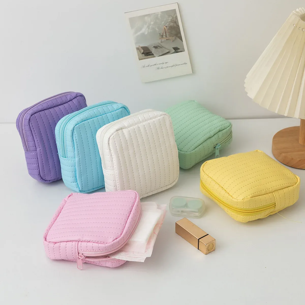 pochette en cuir de couleur bonbon pour serviettes hygiéniques, petite trousse de maquillage pour femmes, sacs organisateurs pour rouge à lèvres, câble de données, écouteurs, porte-monnaie à fermeture éclair