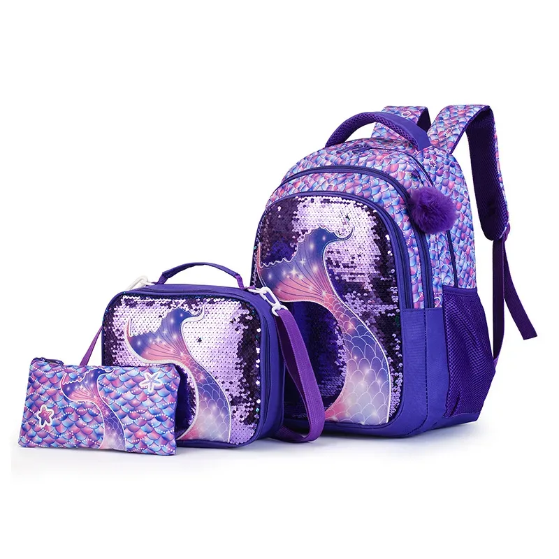 ensemble de sacs à dos pour filles, style princesse, léger, 3 pièces, avec boîte à lunch et trousse à crayons pour enfants filles
