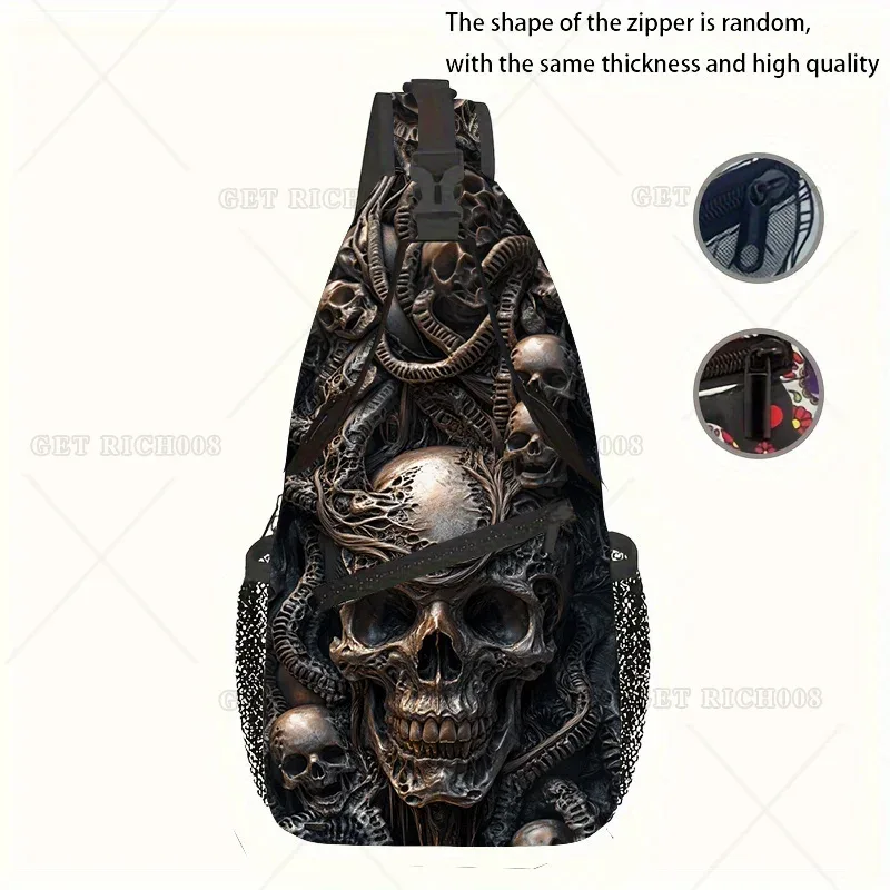 sac à bandoulière gothique punk imprimé crâne – sangle réglable, bandoulière légère pour les voyages et les sports de plein air, design sombre unique