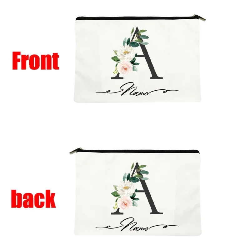 pochette personnalisée en toile noire à motif floral avec initiale en écriture cursive, trousse de toilette fine et compacte pour femmes, idéale pour les voyages et l'usage quotidien.