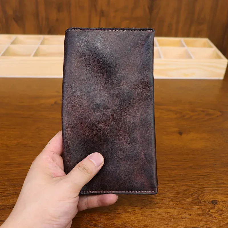 porte-passeport d'affaires en cuir véritable, tannage végétal, organisateur de documents en détresse à la main, support pour téléphone, portefeuille long en cuir de vache