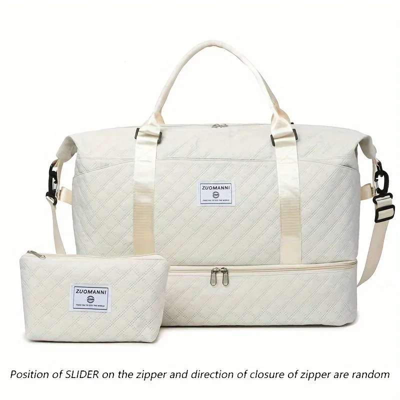 sac voyage nylon motif géométrique relief beige grande capacité bandoulière pochette cosmétiques transport week end