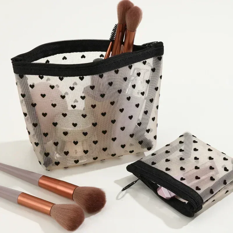 sac à cosmétiques en maille de nylon, organisateur de toilette en forme de cœur à fermeture éclair, sacs de maquillage multifonctionnels pour femmes, rouge à lèvres, clé, porte-monnaie