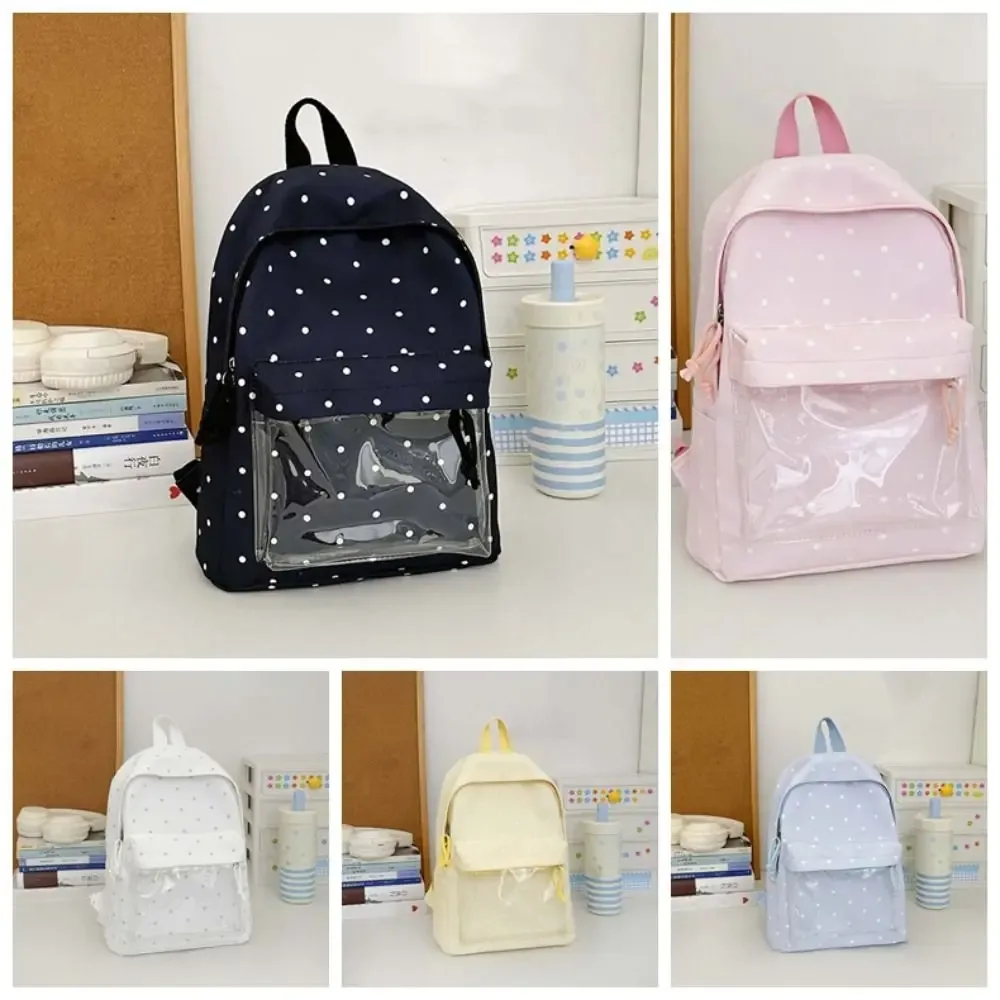 sac ita de style japonais avec fenêtre transparente, bretelles réglables, sac à dos transparent, grande capacité, doublure en polyester, sac à dos à pois.