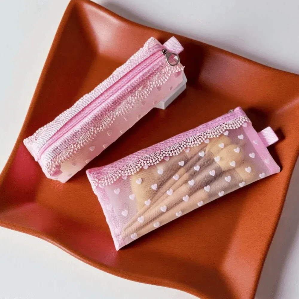 nouvelle trousse de maquillage transparente en dentelle à bordures florales, pochette de rangement douce en maille pour voyage