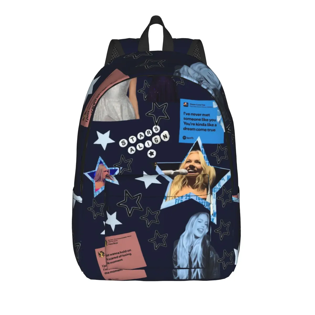 sac à dos freya skye avec patchwork photo et texte bleu, sacs à dos modernes pour garçons, sacs de randonnée souples, sacs d'école secondaire, sac à dos de créateur