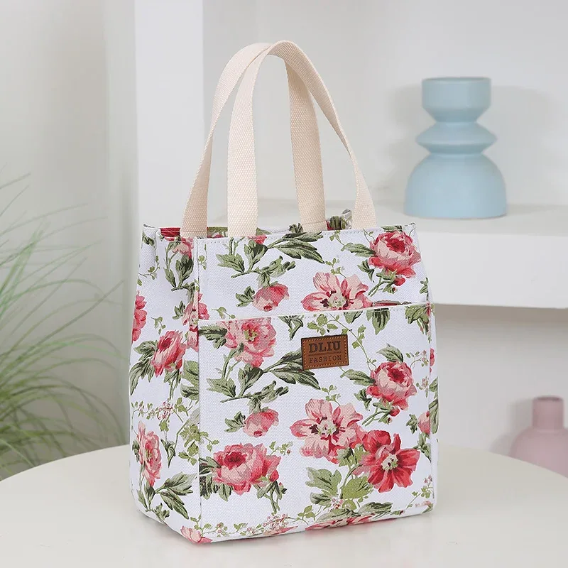nouveau sac à main en toile imprimé de fleurs, sac de travail portable multi-poches avec fermeture éclair semi-fermée, sac de rangement quotidien, sac à bento.