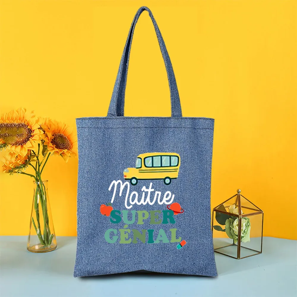 sac fourre-tout en jean imprimé super atsem maitresse, sacs de shopping pour femme, sacs de voyage, cadeau de remerciement pour la fête des enseignants et les diplômés