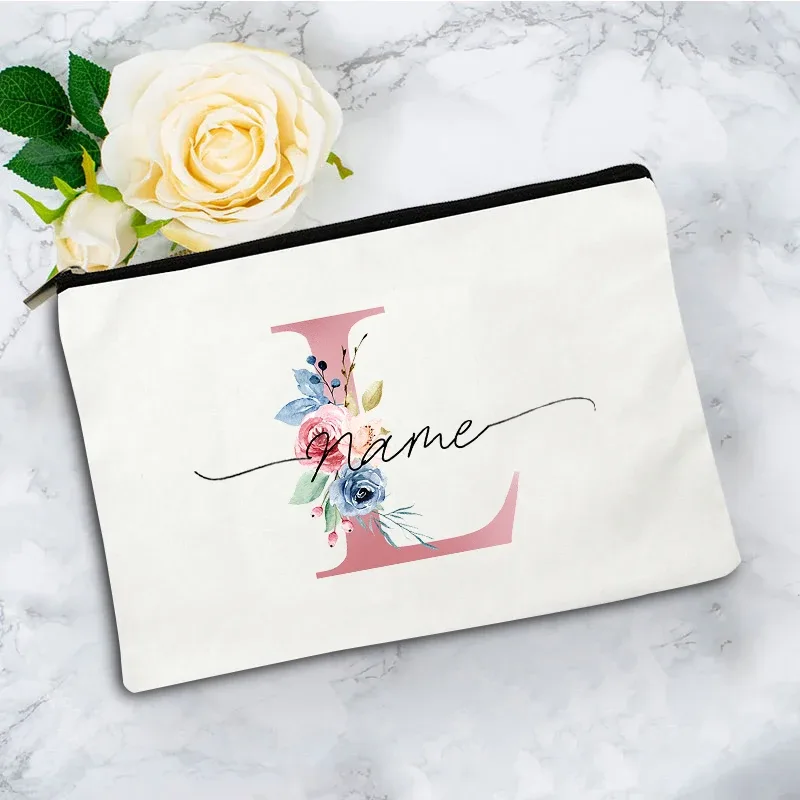 trousse de maquillage personnalisée rose à motifs floraux avec initiale, pochette cosmétique en toile personnalisée, organisateur de voyage pour articles de toilette pour femmes
