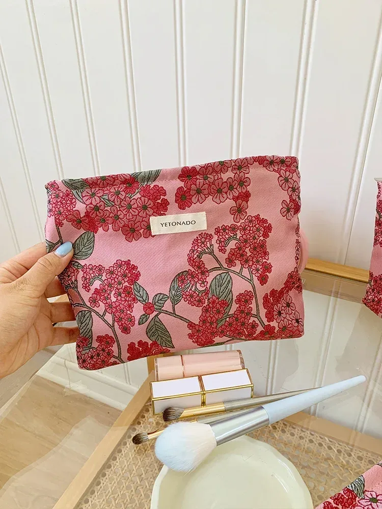 ins style vintage fleurs sac cosmétique portable main sac cosmétique voyage trousse de toilette sac de rangement outils de maquillage pochette de rangement