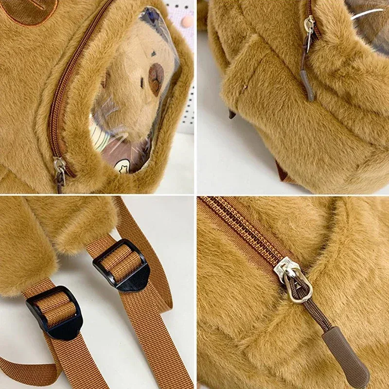 nouveau sac à bandoulière double en peluche capybara-mignon et polyvalent, sac à dos d'étudiant cochon d'inde de dessin animé mignon avec compartiment de rangement