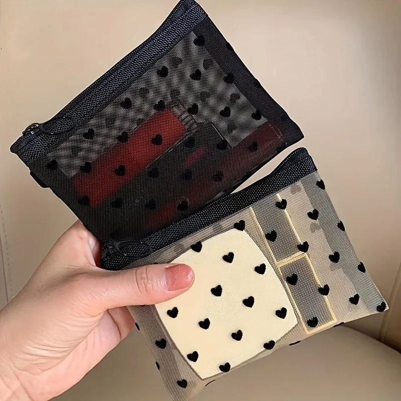 trousse à cosmétiques transparente en forme de cœur, lot de 2, beige et noir, pliable avec porte-rouge à lèvres, organisateur de petits objets portable pour voyage, sac de rangement multifonctionnel