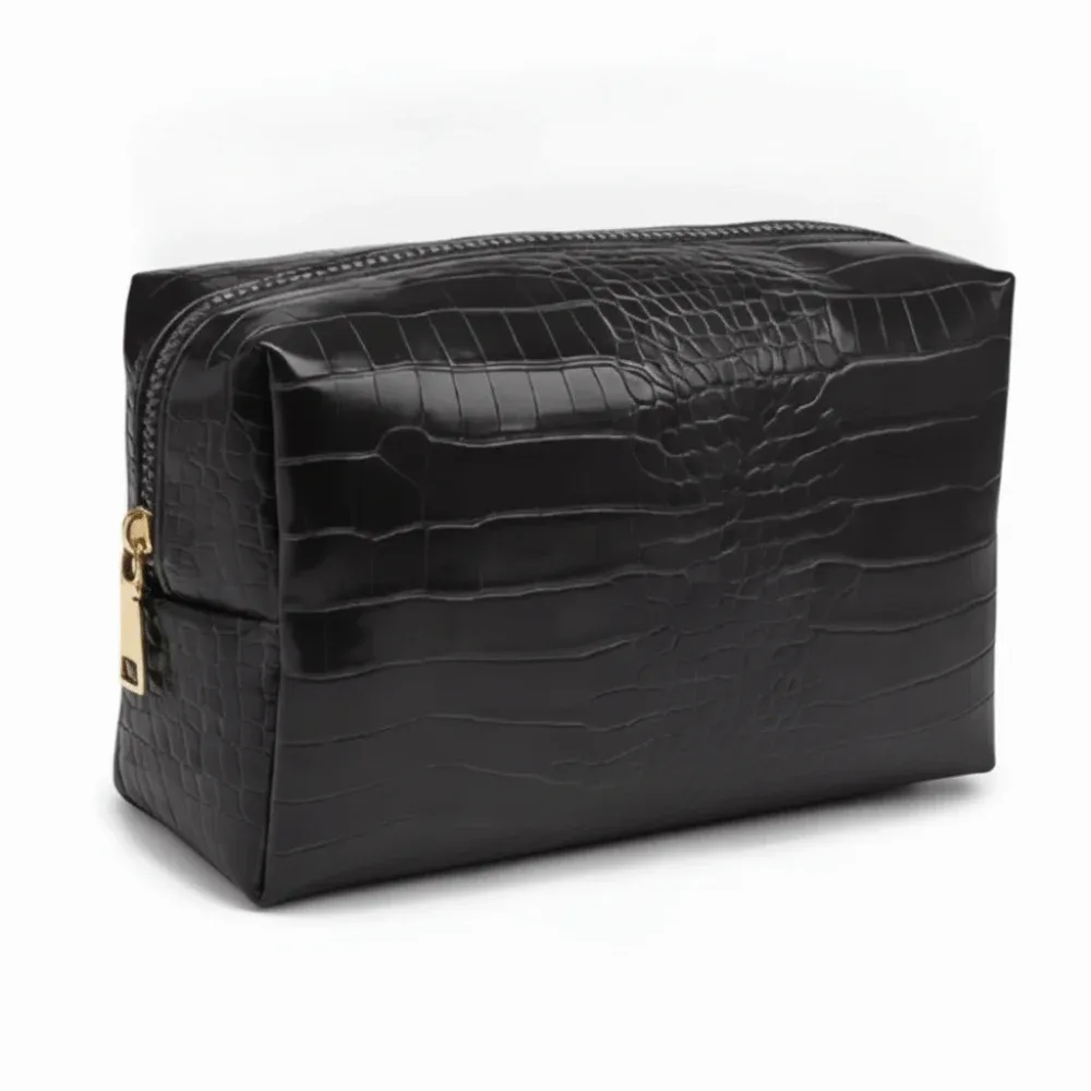 sac à maquillage en cuir pu, motif crocodile gaufré, pochette cosmétique imperméable, fermeture à glissière, grande capacité, pochette de rangement