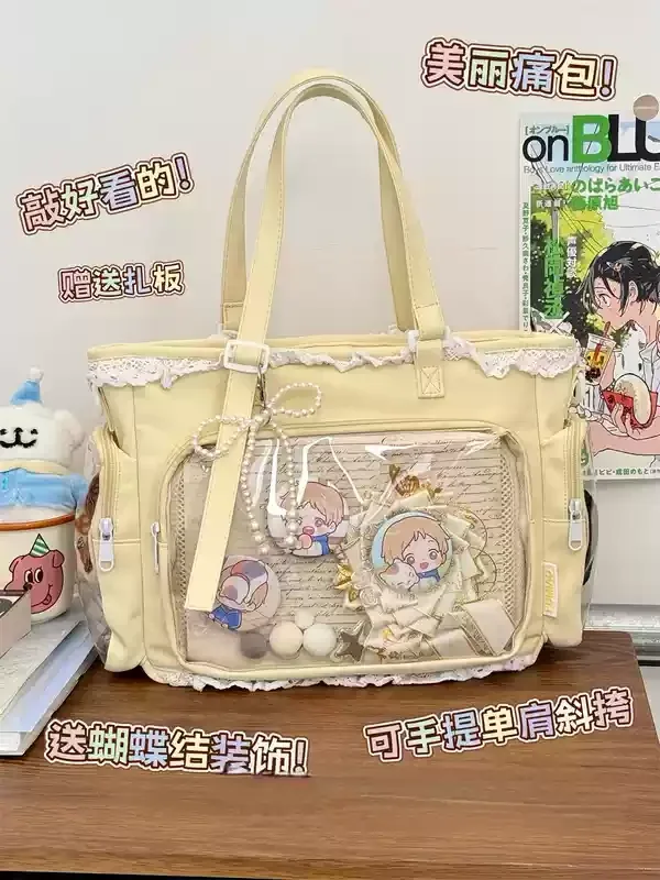 sac à bandoulière itabag anime 2d japonais, motif fille de ballet, grande capacité, avec poche transparente et garniture en dentelle, cadeau pour amis