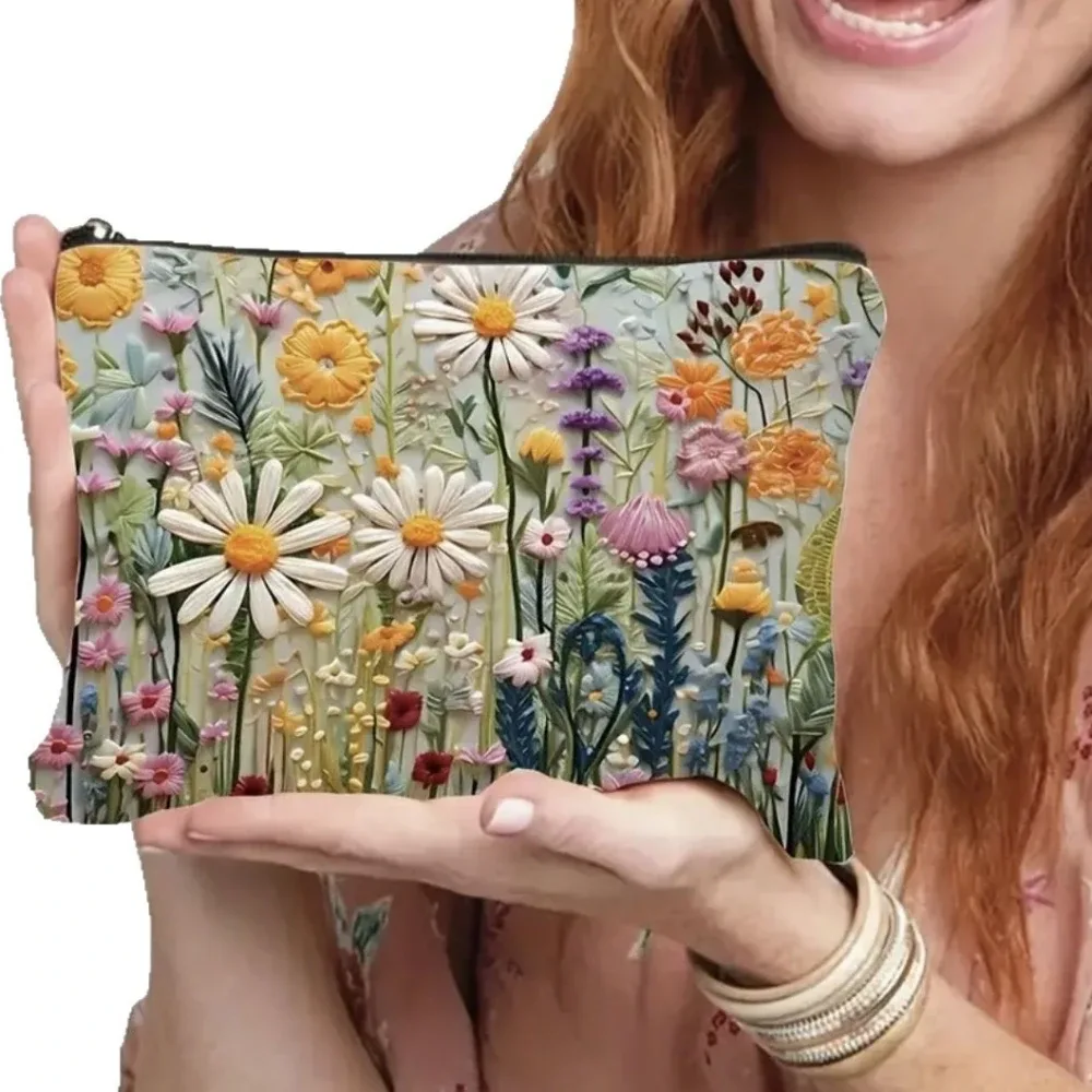 pochette de maquillage imprimée florale double face de grande capacité, organisateur de voyage, sac à main en lin pour femmes, sac de rangement de cosmétiques pour cadeau