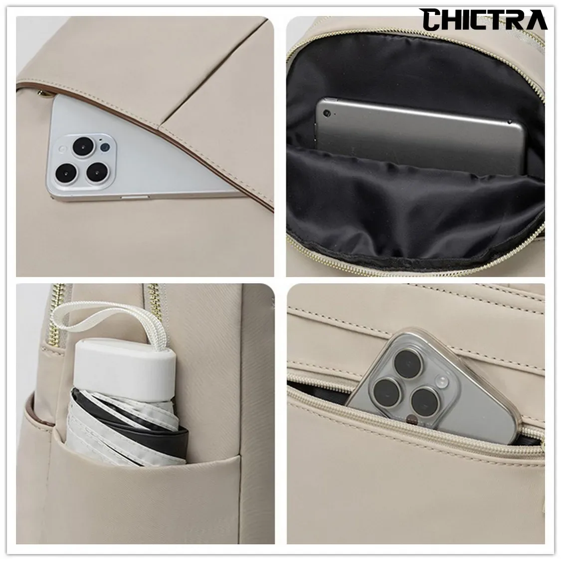 sac dos oxford universtitaire polyester beige bandoulière arquée fermeture éclair anti vol voyage femme journee ecole travail