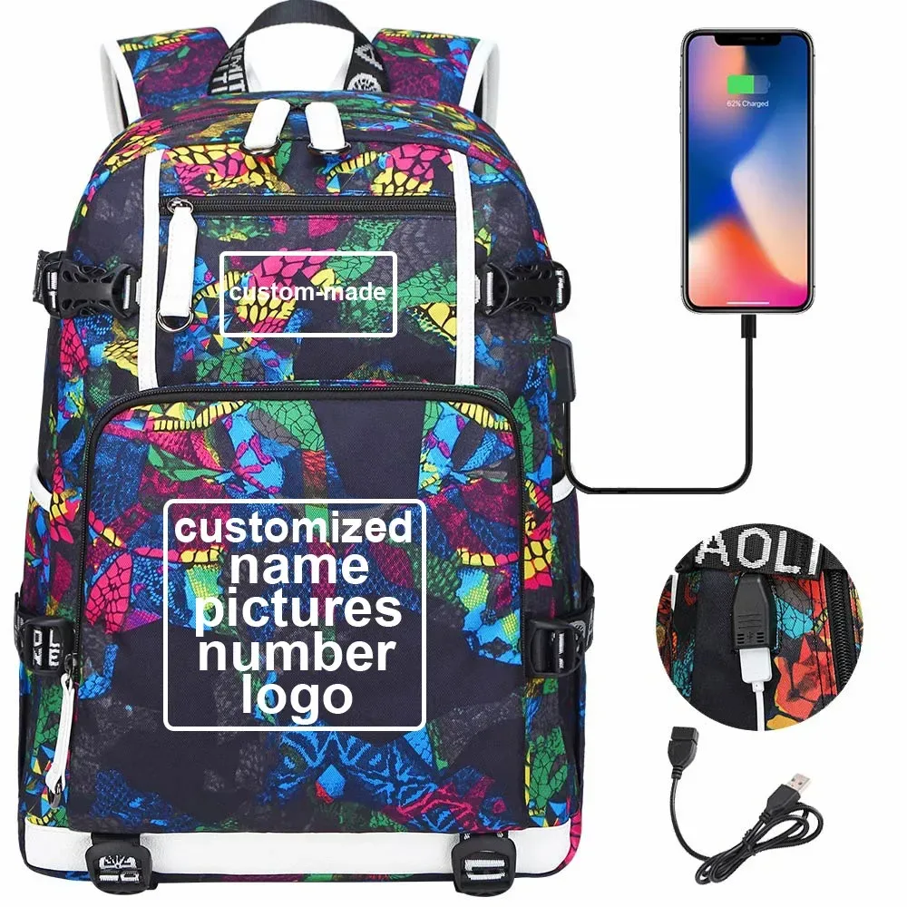 sac à dos en toile pour hommes et femmes, imprimé personnalisé, avec photo ou logo, pour enfants, garçons et filles, usb, pour ordinateur portable, grand sac de voyage