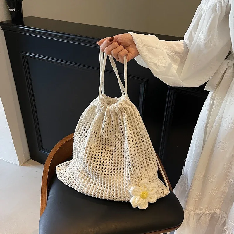sac à bandoulière en tricot de couleur unie, sac à dos bohème en crochet de grande capacité ajouré, fourre-tout de voyage de plage polyvalent pour femmes