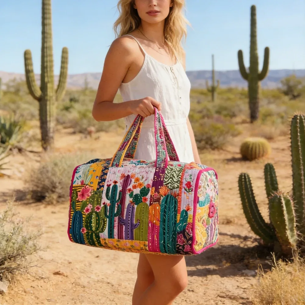 sac de voyage matelassé imprimé 3d motif cactus floral, léger en polyester, spacieux, idéal pour les week-ends, la gym et les vacances