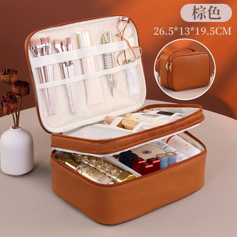 trousse de maquillage double couche en cuir pu, grande capacité, sac de voyage pour cosmétiques, pochette de toilette pour outils de beauté femme