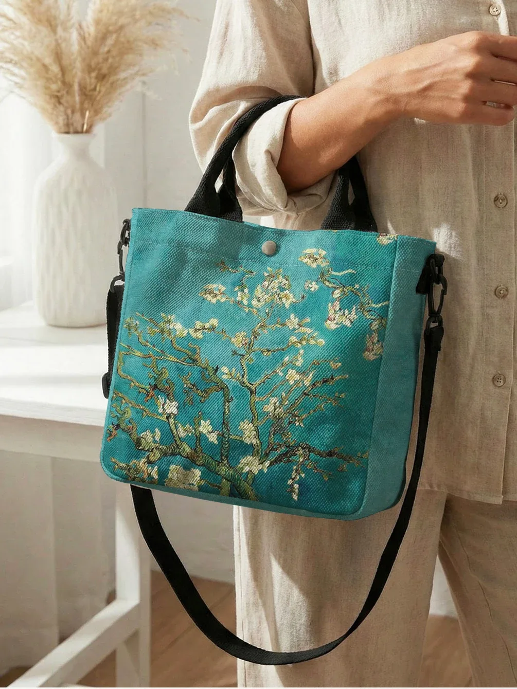 sac fourre-tout en toile avec peinture à l'huile van gogh almond blossom, bandoulière amovible, sac à main pour femme, pour les courses quotidiennes