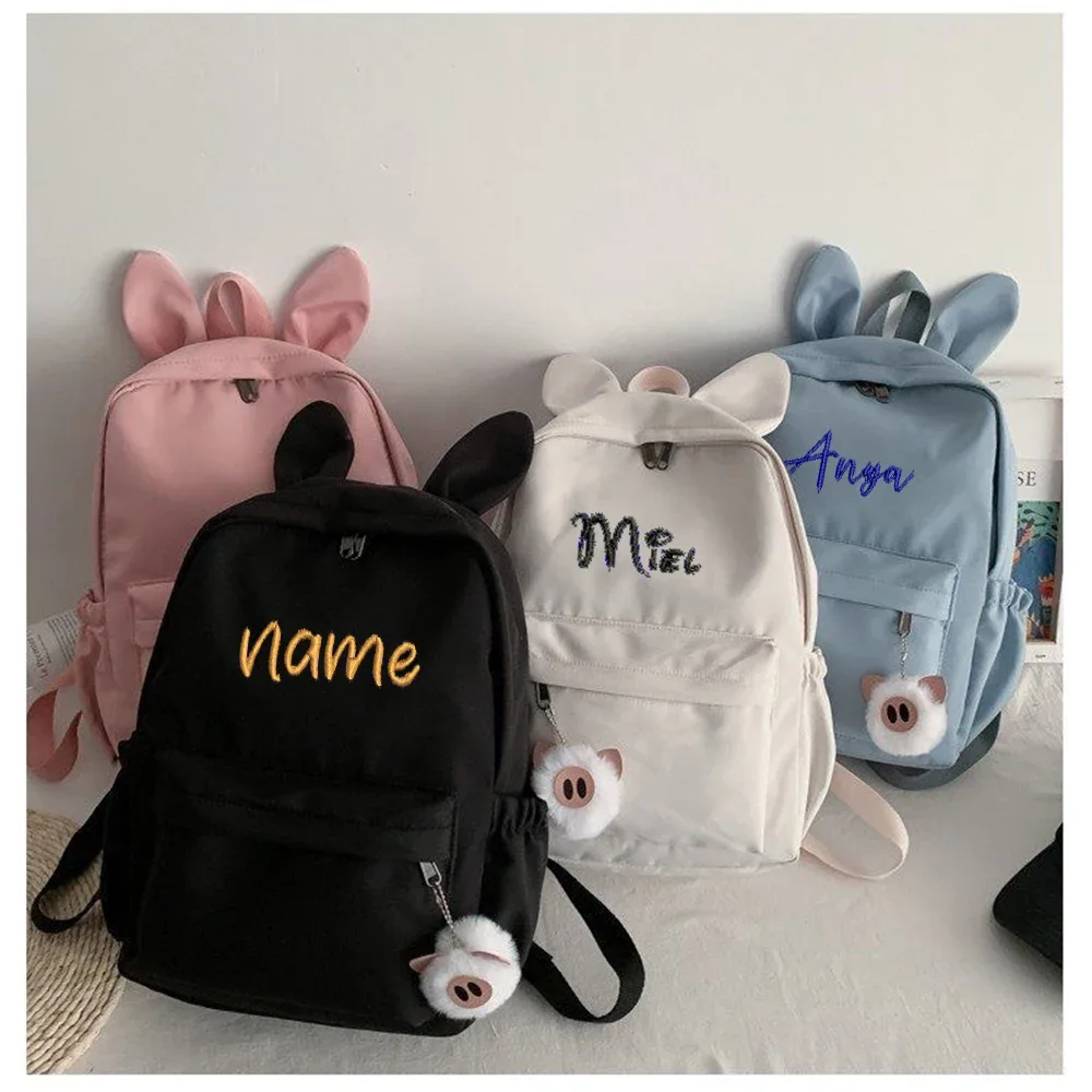 oreilles de lapin personnalisées et simples, nouvelle mode, sac à dos en tissu nylon, nom brodé personnalisé, sac d'étudiant pour hommes et femmes