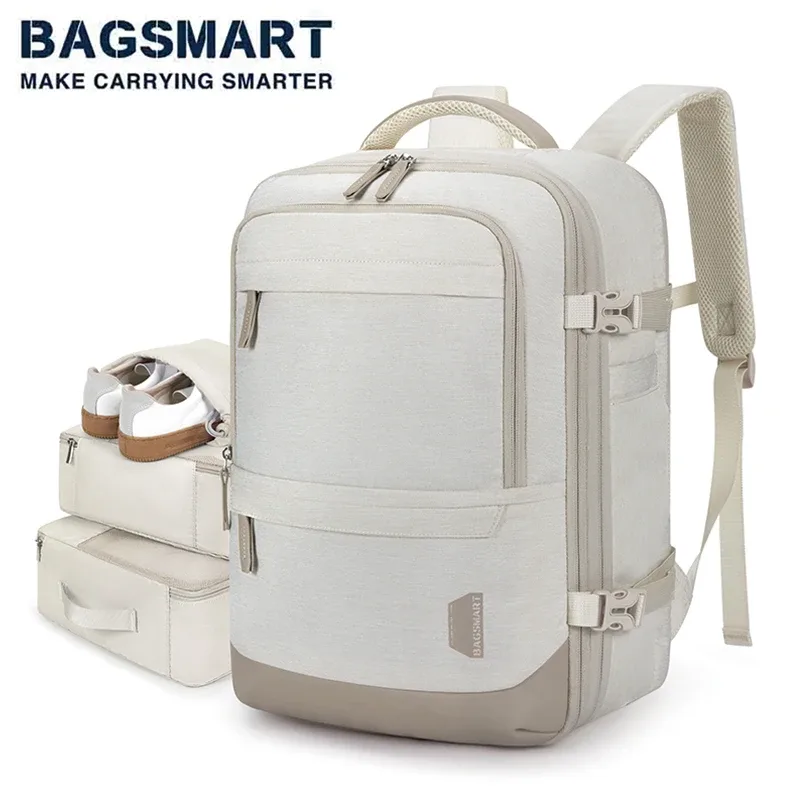 sac dos pvc beige gris compartiment ordinateur portable 17.3 pouces antivol fonction charge usb voyage sport école shopping