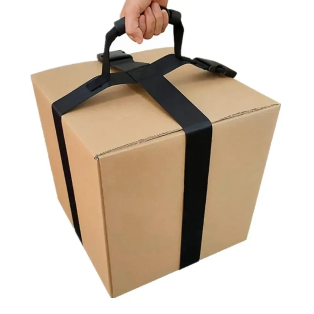 ceinture transport nylon noire boîte carton stabilité bandes latérales usage voyage livres emballage bois