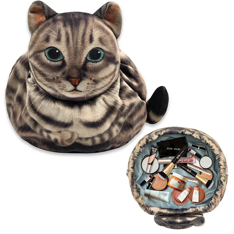 trousse de maquillage chat mignon, fermeture à cordon, conception tête de chat 3d, pochette cosmétique plate, cadeau pour femmes amoureux des chats, sac organisateur de voyage