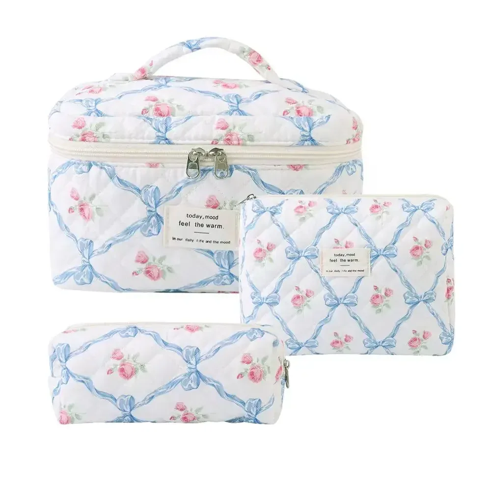 sac de maquillage en coton à fleurs mignonnes pour femmes, 1 pièce, organisateur de cosmétiques à fermeture éclair, sac à main en tissu en forme de boîte, trousse de toilette portable pour filles