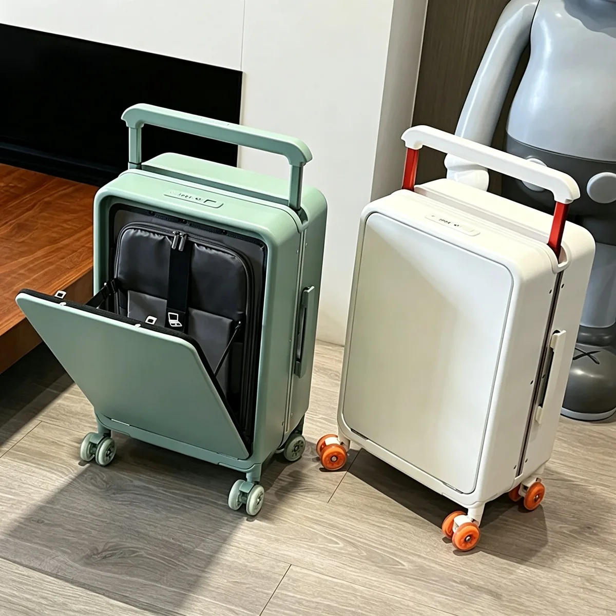 Valise à roulettes avec poche pour ordinateur portable à ouverture frontale, poignée large, valise de voyage 20 pouces, bagage à main, cadre en aluminium, valise trolley