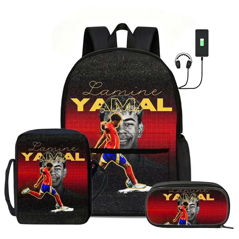 l-lamin yamal ensemble de 3 pièces : sac à dos, sac à bandoulière, trousse à crayons, sac à dos de sport pour enfants, motif star de football