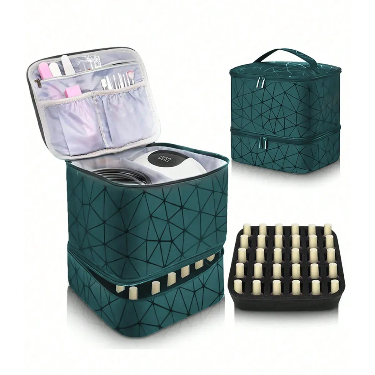 organisateur de vernis à ongles avec lumière uv intégrée, étui de transport double couche pour vernis à ongles, capacité de 30 flacons, sac de rangement, kit de manucure