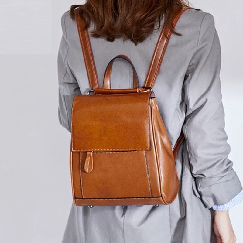 sac à dos en cuir véritable pour femmes, sacs à bandoulière, sacs d'école, sacs pour ordinateur portable, mode rétro, sacs à dos en cuir de vache ciré, sacs messagers pour femmes
