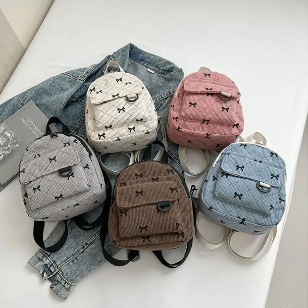 sac à dos mini décontracté en velours côtelé, imprimé nœud papillon, sac à dos multi-nœuds, sac de rangement pour cosmétiques, sac à bandoulière léger pour les trajets quotidiens