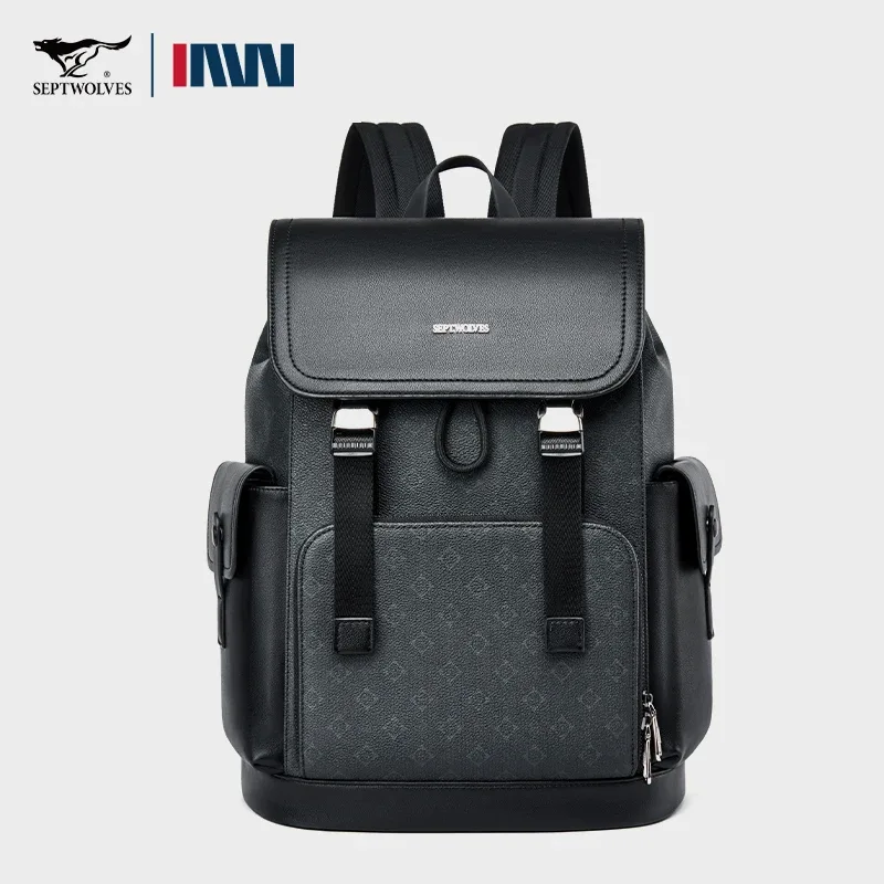 septwolves élégant homme imprimé sac à dos de voyage en cuir de haute qualité travail d'affaires déplacements à rabat impression monogramme sac à dos pour ordinateur portable