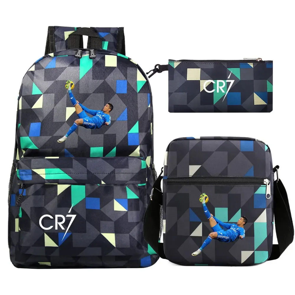 football star cr7 3 pièces garçon fille retour à l'école livre sacs, étudiant sac à bandoulière porte-crayon sac à dos, adolescents mochila hommes femmes