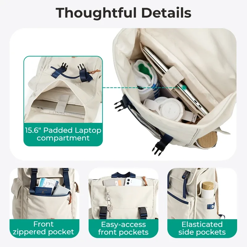 sac dos polyester beige accents bleus grande ouverture poches élastiques rembourré voyage unisexe collège université ordinateur portable