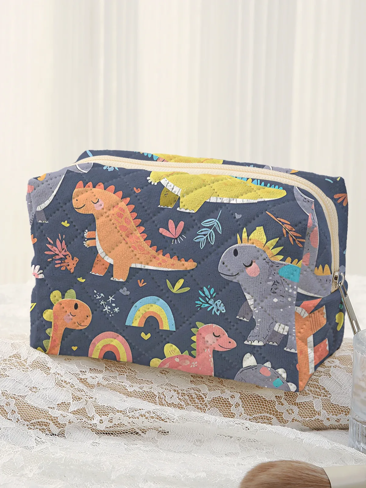 grande trousse à cosmétiques matelassée multicolore, motif dinosaure, arc-en-ciel, cœur, imprimé floral, trousse de maquillage à fermeture éclair, pochette de rangement de voyage pour enfants