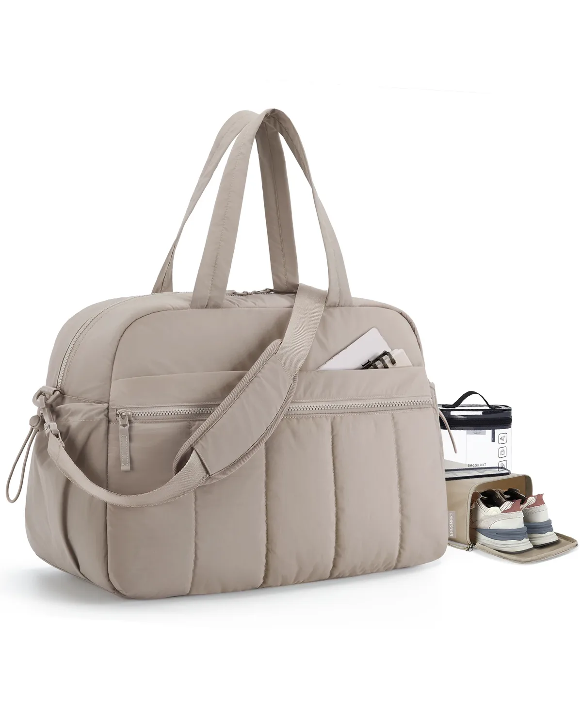 sac voyage polyester plissé beige rose pâle noir gris taupe bandoulière amovible poignée supérieure week end sport