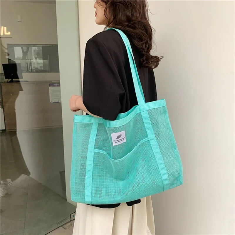 sac à bandoulière en maille transparente pour femmes, fourre-tout portable à la mode pour shopping voyage plage, fourre-tout en filet