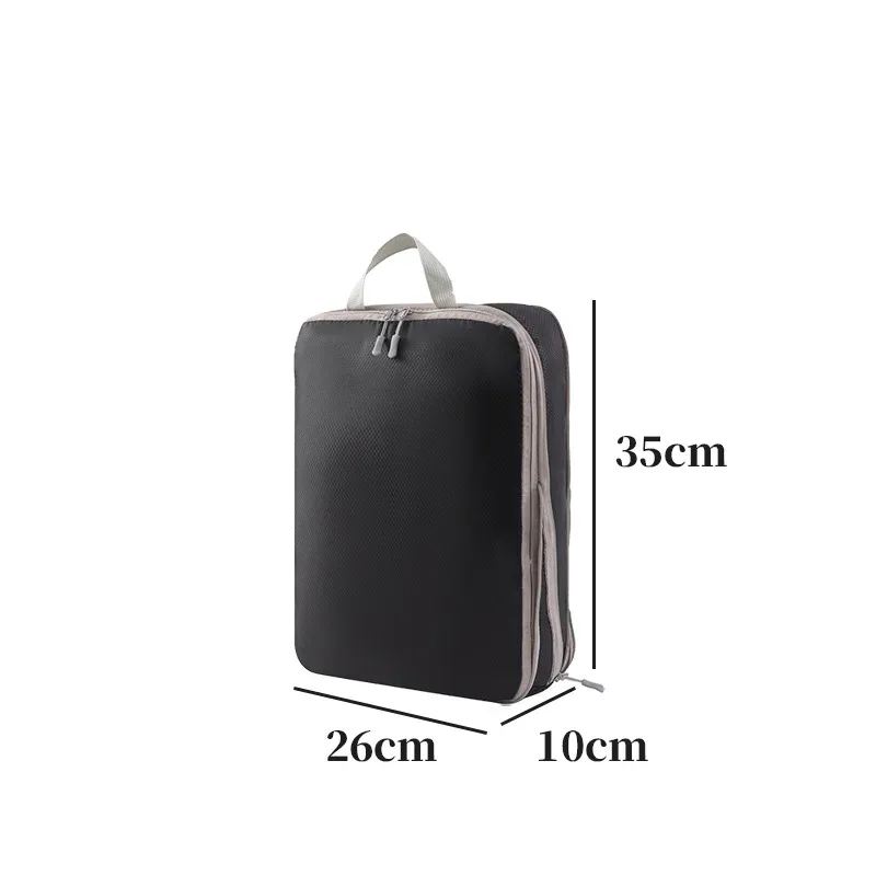 organisateur voyage polyester blanc bandes grises format rectangulaire poignées grises compression vêtements articles toilette rangement valise